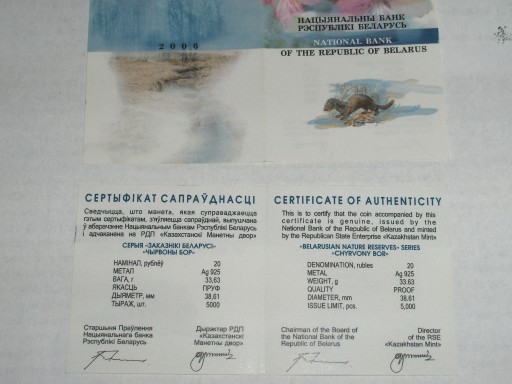 Zdjęcie oferty: Białoruś 20 Rubli  Norka 2007-CERTYFIKAT