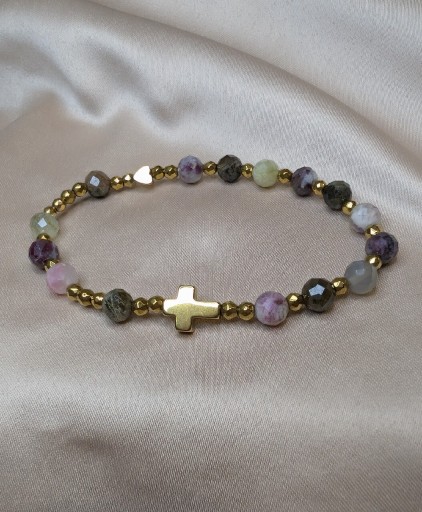 Zdjęcie oferty: Bransoletka różaniec kamienie turmalin hematyt krzyżyk serduszko prezent