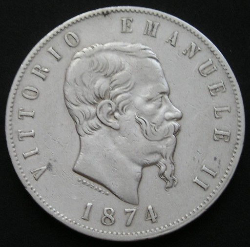 Zdjęcie oferty: Włochy 5 lirów 1874 - Wiktor Emanuel II - srebro