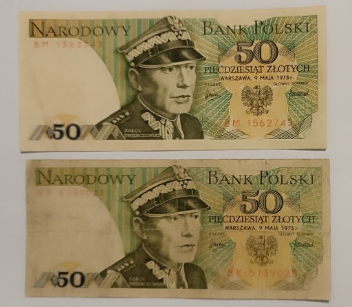 Zdjęcie oferty: Dwa banknoty 50 Złotych 1975 r. seria BK BM