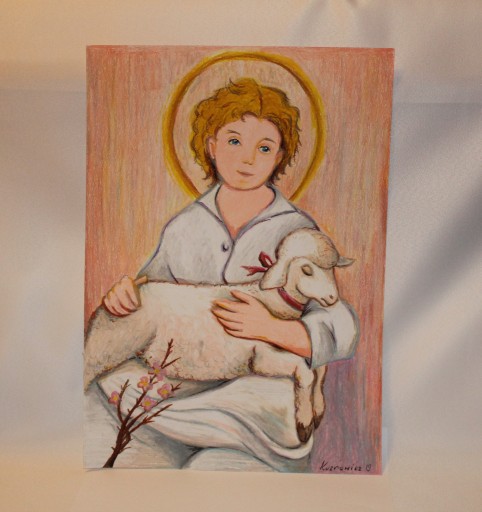 Zdjęcie oferty: Obraz religijny Jezus Chrystus owca pastele olejne