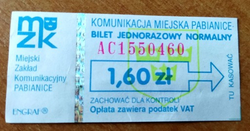 Zdjęcie oferty: Bilet autobus MZK Pabianice 1,60 zł hologram s. AC