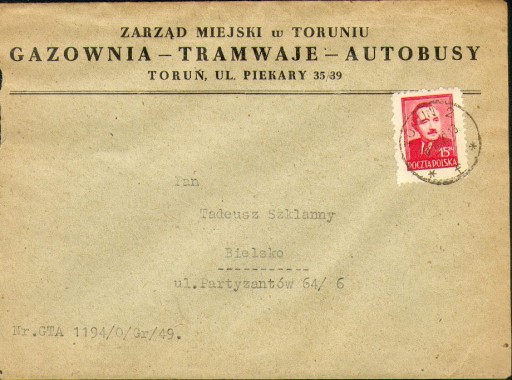 Zdjęcie oferty: Toruń - Koperta firmowa z 1949 r. 