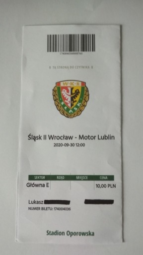 Zdjęcie oferty: Bilet Śląsk II Wrocław - Motor Lublin 2020 r.
