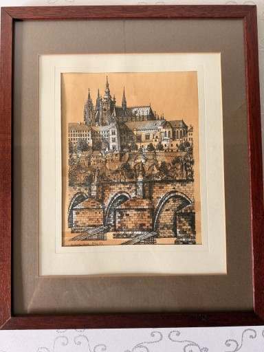 Zdjęcie oferty: Grafika Artystyczna Praga 1982 Sygnowana Oryginał w Ramie Mahoniowej Unikat