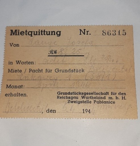 Zdjęcie oferty: Rachunek kwit Bełchatów Belchental 1944