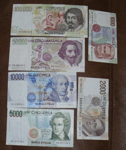 Zdjęcie oferty: Banknoty Włochy 100000 - 1000 lirów 6 szt.