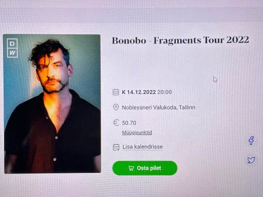 Zdjęcie oferty: Bonobo koncert 14.12.22 Tallin