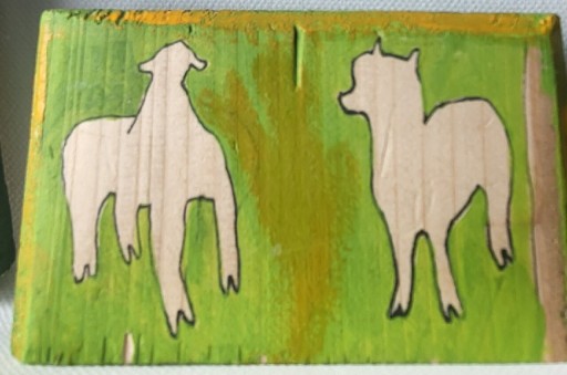 Zdjęcie oferty: Malowidła/ obraz na desce zielony zwierzęta ludzie
