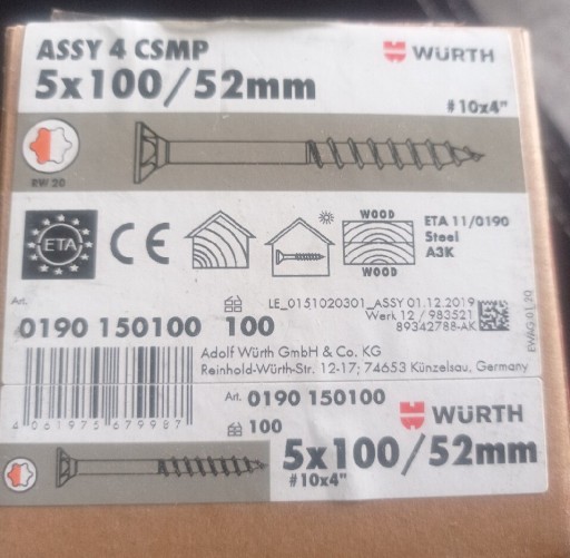 Zdjęcie oferty: Wkręty Würth  ASSY 4 CSMP 5x100/52 mm