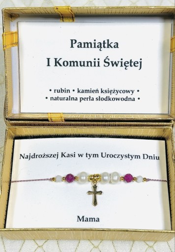 Zdjęcie oferty: Bransoletka Pamiątka I Komunii Świętej  Kamienie naturalne Złoty Krzyżyk