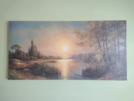 Zdjęcie oferty: Obraz druk drewno jezioro zachód słońca 50x100