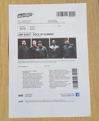 Zdjęcie oferty: Bilet LIMP BIZKIT - Rock In Summer, Kraków