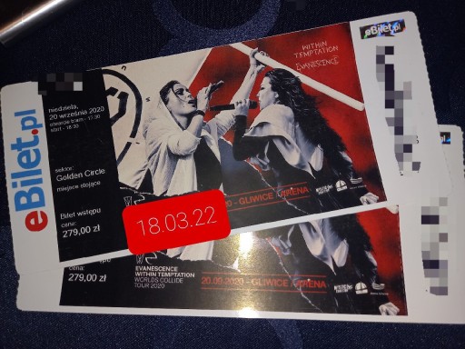 Zdjęcie oferty: Bilety na koncert Evanescence I Within Temptation 