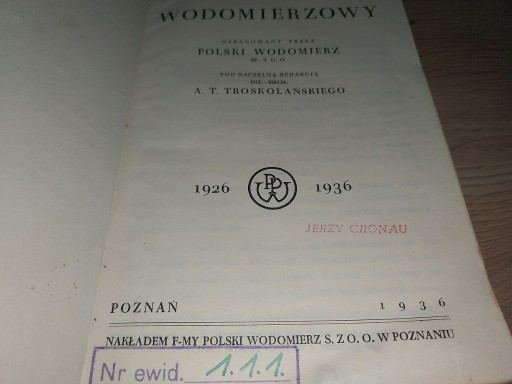 Zdjęcie oferty: Kalendarz Wodomierzowy Poznań 1936