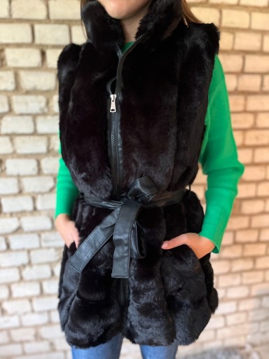 Zdjęcie oferty: Futro damskie suwak płaszcz czarne wiązane w talii