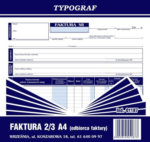 Zdjęcie oferty: Faktura 2/3 A4 odbiorca Typograf 01187