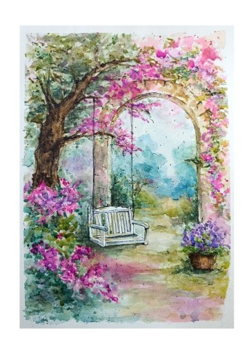Zdjęcie oferty: Akwarela - „Huśtawka w Ogrodzie Snów” - Obraz ręcznie malowany
