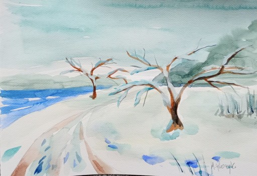 Zdjęcie oferty: Zimowy Wisłok, akwarela, A4, nowy, Skoczyk 