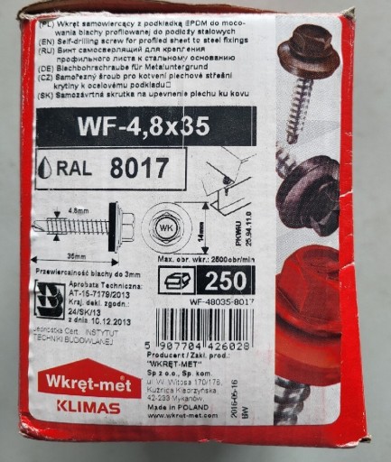 Zdjęcie oferty: Wkręt farmerski 4,8 x 35 mm RAL 8017 250 sztuk