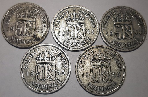 Zdjęcie oferty: Wielka Brytania 6 pensów 1942-1946 - 5 szt, srebro
