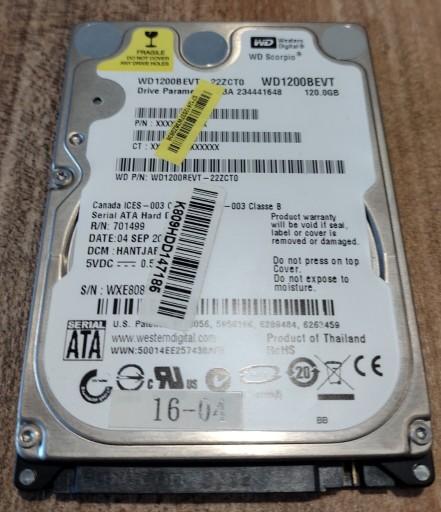 Zdjęcie oferty: Dysk HDD WD Scorpio Blue WD1200BEVT 120GB SATA 2,5