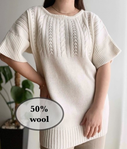 Zdjęcie oferty: Sweter 50% wełna kremowy ecru warkoczowy norweski dłuższy APART 42 XL 
