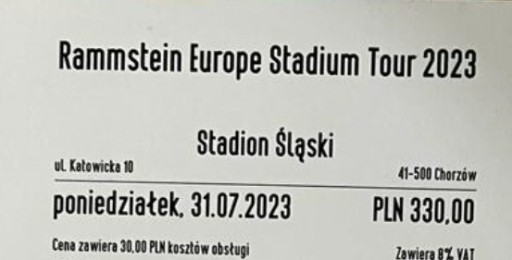 Zdjęcie oferty: Rammstein Chorzów - bilety na płytę stadionu