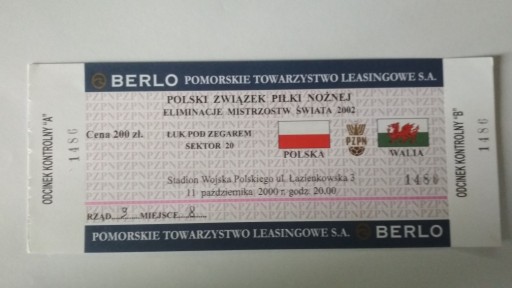 Zdjęcie oferty: Bilet Polska - Walia 2000 r.