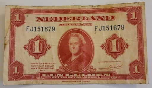 Zdjęcie oferty: Banknot, Holandia, 1 Gulden, 1943, Rzadki!