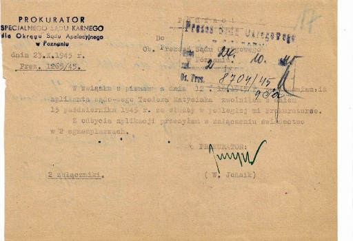 Zdjęcie oferty: Pismo Prokuratury Wojskowej z 25.10.1945r