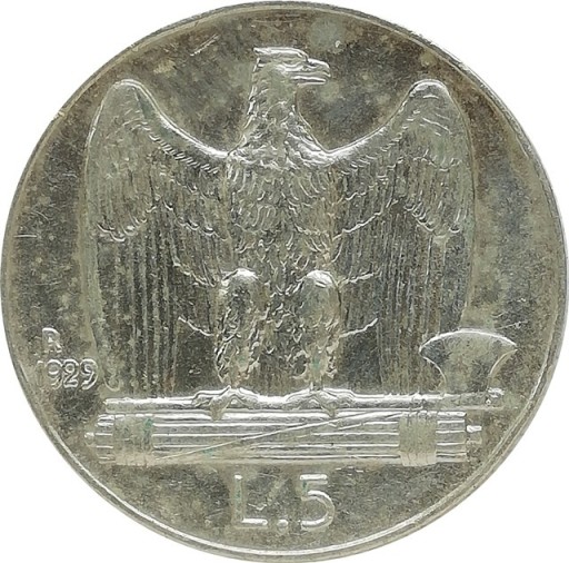 Zdjęcie oferty: Włochy 5 lire 1929, Ag KM#67.1