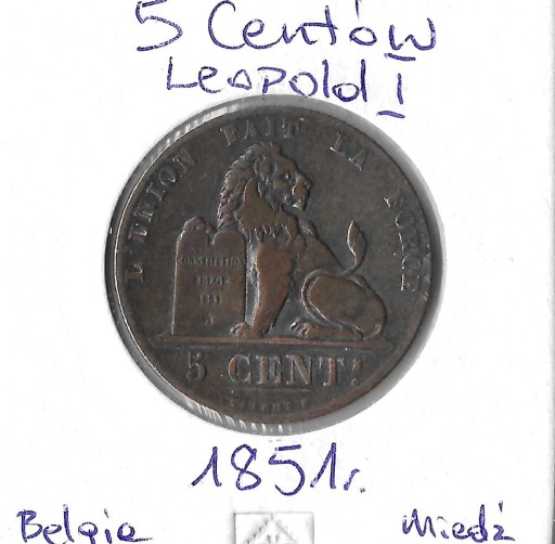 Zdjęcie oferty: BELGIA,5 centymów 1851, Leopold I, stan 3+