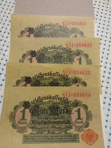 Zdjęcie oferty: Banknot 1Mark 1914r 4 numery kolejne Niemcy