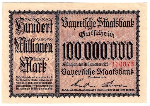 Zdjęcie oferty: 100 000 000 Marek 1923 -  Weimar Republic Bavaria