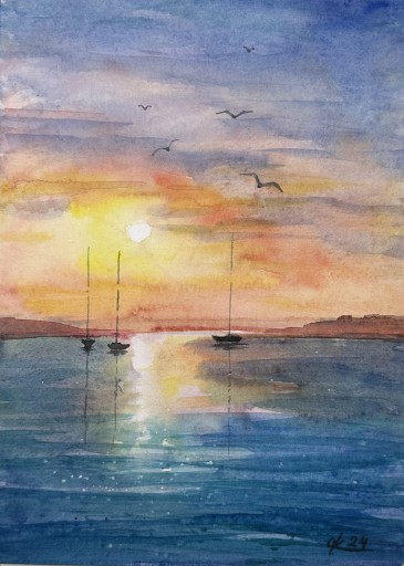 Zdjęcie oferty: Morze o zachodzie słońca. Original Akwarela A4