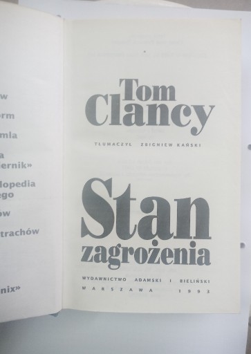 Zdjęcie oferty: Stan zagrożenia. Tom Clancy 1993 r