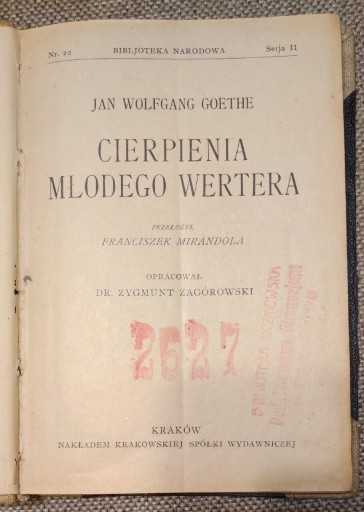 Zdjęcie oferty: J. W. Goethe - Cierpienia młodego Wertera 1922r.