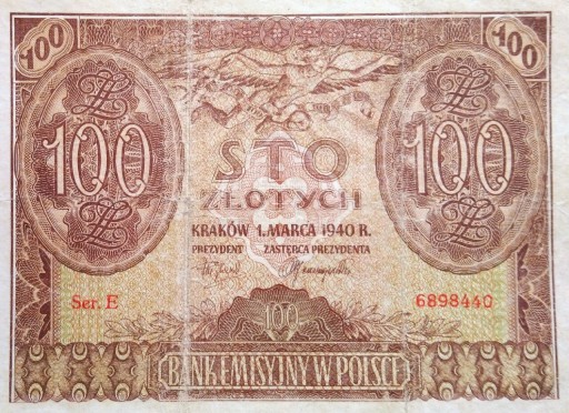Zdjęcie oferty: Stary banknot Polska 100 zł 1940 rok Gubernia 