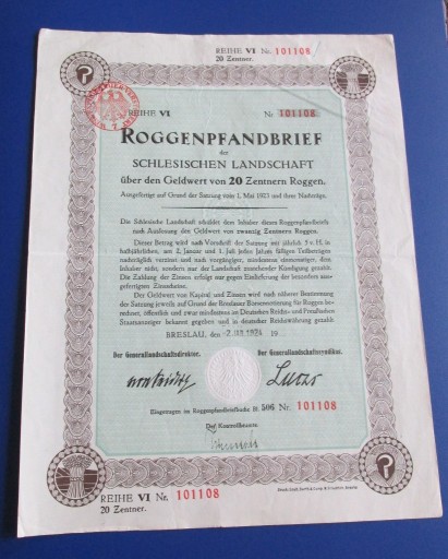 Zdjęcie oferty: Wrocław zbożowy list zastawny z kuponami 1924