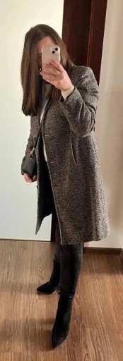 Zdjęcie oferty: Czarno-biały wełniany damski płaszcz midi, L 