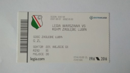Zdjęcie oferty: Bilet Legia Warszawa - Zagłębie Lubin 2017 r.