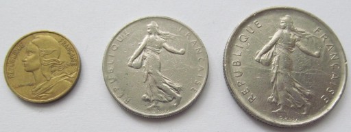 Zdjęcie oferty: Zestaw 3 monet Francja: 5 centimes, 1 i 5 franków