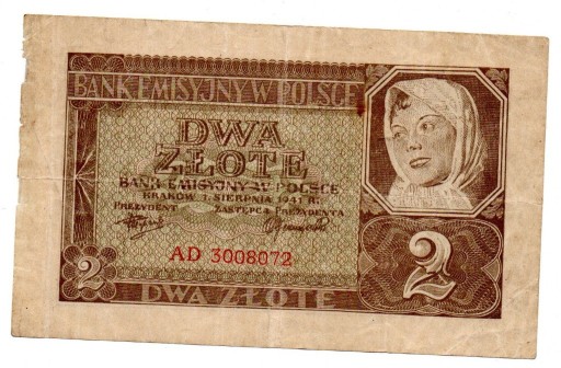 Zdjęcie oferty: II RP BANKNOT 2 ZŁOTE 1941 S. AD  BANK EMISYJNY 