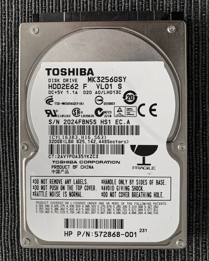 Zdjęcie oferty: Dysk TOSHIBA HDD 320GB SATA II 7200 RPM 2,5"