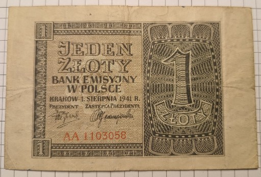 Zdjęcie oferty: Polska 1 zł złoty 1941 seria AA 1103058