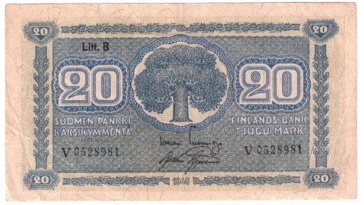 Zdjęcie oferty: Finlandia, banknot 20 marek 1945 - st. 3