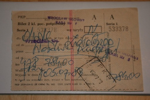 Zdjęcie oferty: Bilet PKP Wrocław Główny Kołobrzeg 1983r.