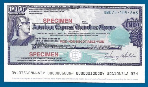 Zdjęcie oferty: Czek podróżny American Express - SPECIMEN - 100 DM