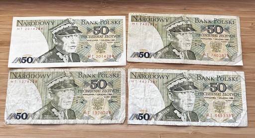 Zdjęcie oferty: Komplet 4 banknotów 50zl 1988 seria HT